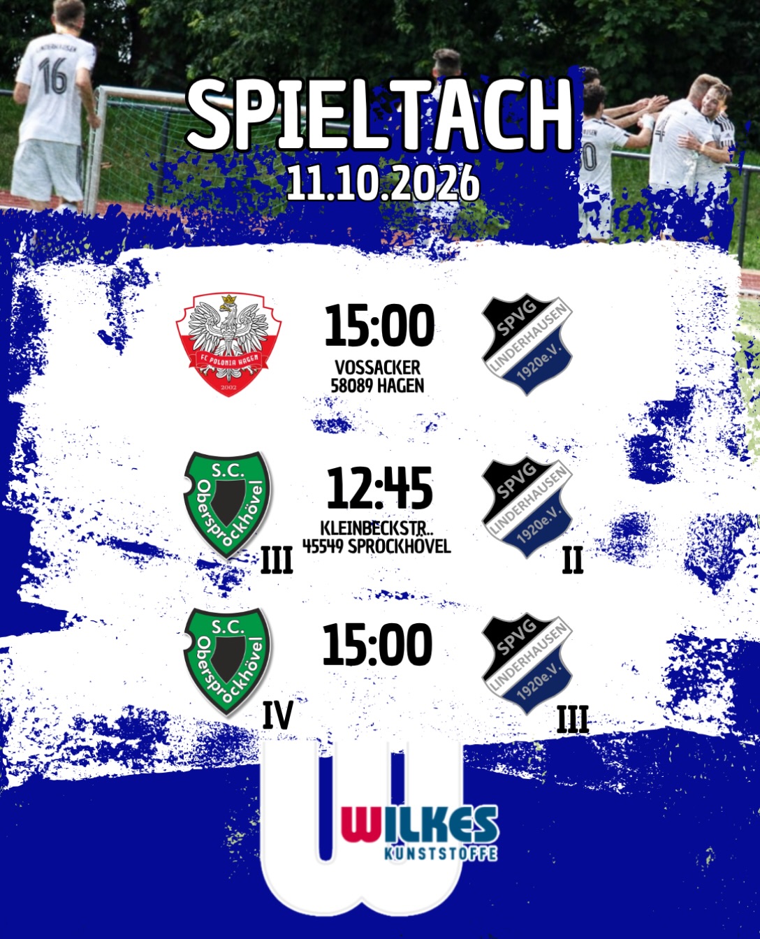 Auswärtsspieltach! 🚐Zweite und Dritte sind zu Gast beim SC Obersprockhövel. 🏽Um 12:45 Uhr beginnt die Partie der Zweiten gegen die 3. vom SCO. 🏽Um 15:00 darf die Dritte gegen die 4. von SCO ran. 🏽Unsere Erste muss nach Hagen. Uns erwartet der FC Polonia Hagen. Anstoß ist um 15:00 Uhr. 🏽Kommt rum und unterstützt unsere Jungs! 🤍🖤Dieser Spieltach wird euch von Wilkes Kunststoffe @wilkesgmbh präsentiert. Vielen Dank für eure Unterstützung! 🏽🫱🏼🫲🏿#spvg #linderhausen #kreisliga #ausschwelmfürschwelm