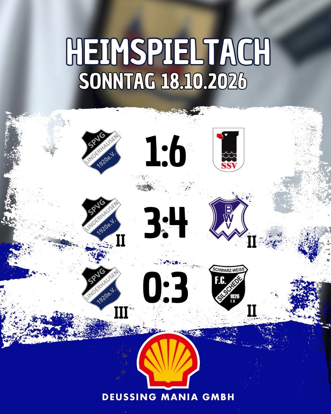 Rabenschwarzer Spieltach an der Rennbahn! Unsere Dritte verlor mit 0:3 gegen die Reserve des FC Silschede. Unsere Zweite verlor mit 3:4 gegen die Reserve von BW Voerde.Die Erste schloss den Spieltach mit einem 1:6 gegen den SSV Hagen ab.Vielen Dank für eure Unterstützung! 🤍🖤Dieser Spieltach wurde euch von der Deussing Mania GmbH und ihren Shell Stationen präsentiert! ️ Vielen Dank für die Unterstützung! 🤍🖤️ Schützenstr. 25 - 42281 Wuppertal️ Dahler Str. 34 - 42389 Wuppertal️ Mittelstr. 84 - 45549 Hasslinghausen️ Herner Str. 463 - 44807 Bochum️ Jetzt auch in Hagen Haspe und Hagen Emst!  Vielen Dank für die Unterstützung! 🏽#kreisliga #spvg #linderhausen ausschwelmfürschwelmFür unsere Alt-Herren gab es gestern einen Sieg und eine Niederlage. Die Erste gewann ihr Spiel mit 4:1 gegen die TSG Herdecke. 🏽Die Zweite musste sich mit 2:3 gegen die 3. von der TSG Herdecke geschlagen geben. Vielen Dank für eure Unterstützung! 🤍🖤Dieser Spieltach wurde euch von der Deussing Mania GmbH und ihren Shell Stationen präsentiert! ️ Vielen Dank für die Unterstützung! 🤍🖤️ Schützenstr. 25 - 42281 Wuppertal️ Dahler Str. 34 - 42389 Wuppertal️ Mittelstr. 84 - 45549 Hasslinghausen️ Herner Str. 463 - 44807 Bochum️ Jetzt auch in Hagen Haspe und Hagen Emst!  Vielen Dank für die Unterstützung! 🏽#kreisliga #spvg #linderhausen #ausschwelmfürschwelm